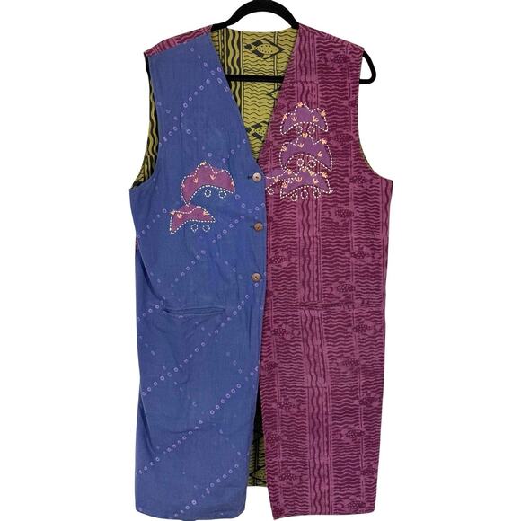 Vintage Boho Batik Vest Embroidered Abstract Hippie Festival Reversible Vest OS - Picture 1 of 9